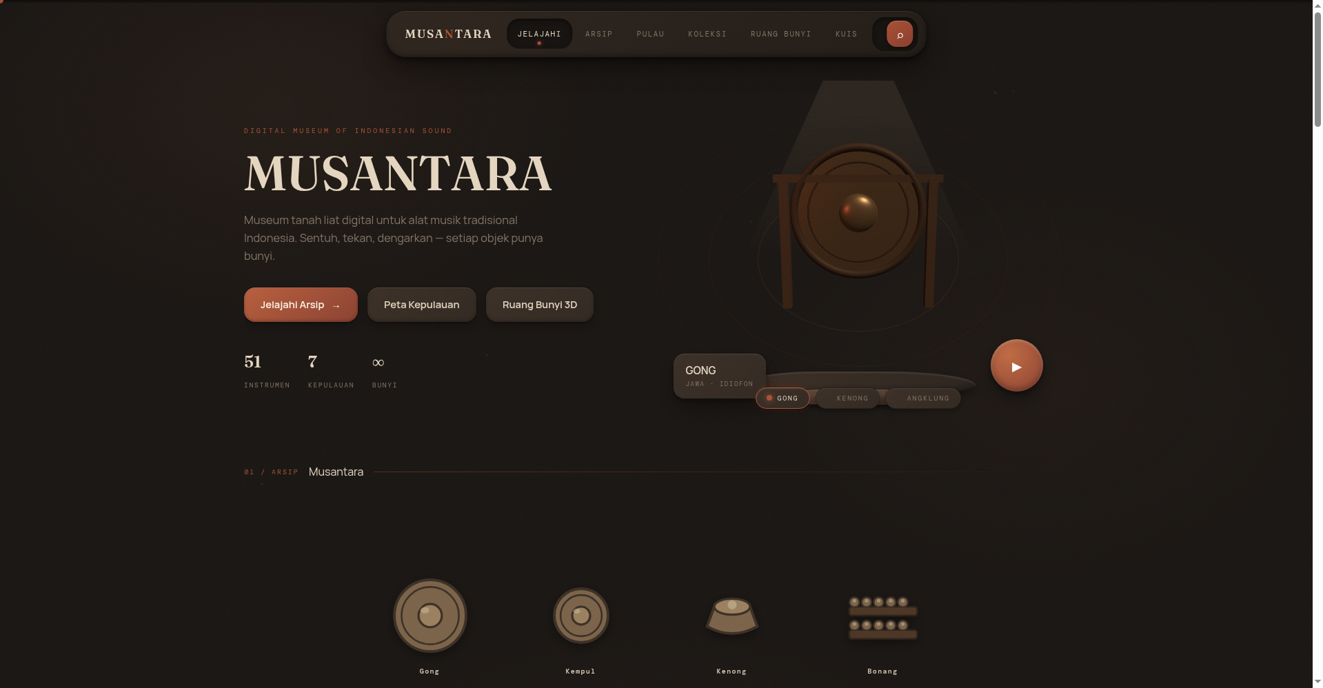 MuSantara homepage showing the museum hero and 3D gong